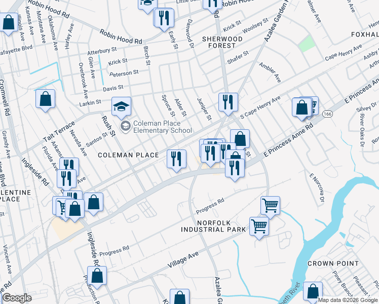 map of restaurants, bars, coffee shops, grocery stores, and more near 1556 Birch Street in Norfolk