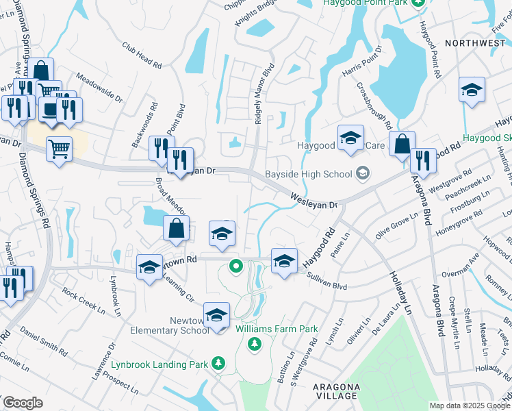 map of restaurants, bars, coffee shops, grocery stores, and more near 908 Southmoor Drive in Virginia Beach
