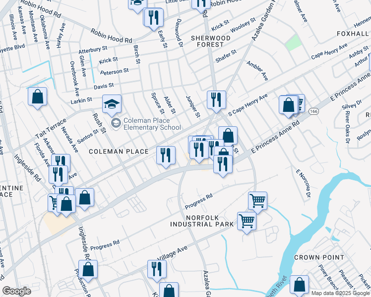 map of restaurants, bars, coffee shops, grocery stores, and more near 1551 Alder Street in Norfolk