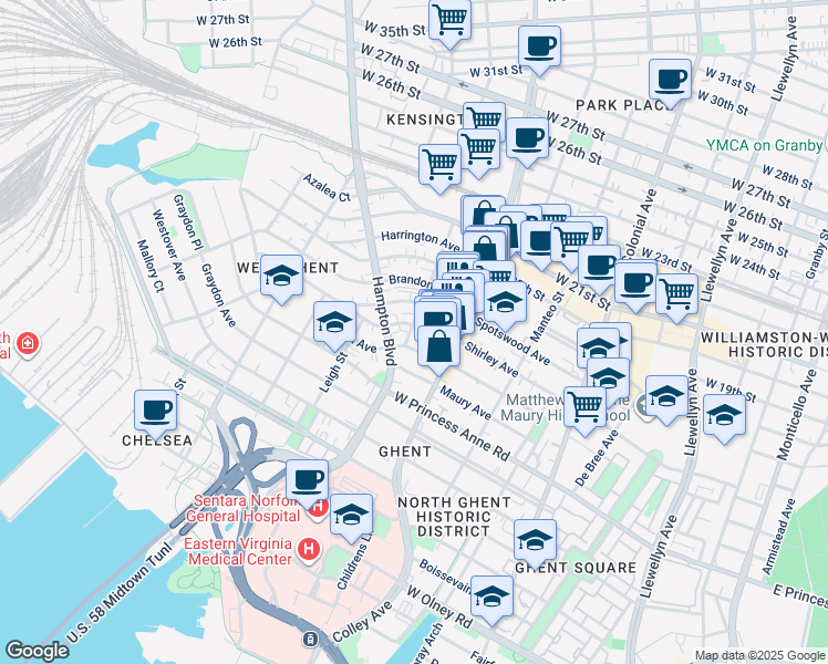 map of restaurants, bars, coffee shops, grocery stores, and more near 833 Shirley Avenue in Norfolk