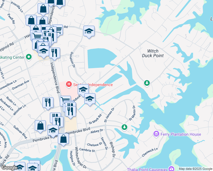 map of restaurants, bars, coffee shops, grocery stores, and more near 4320 Alfriends Trail in Virginia Beach