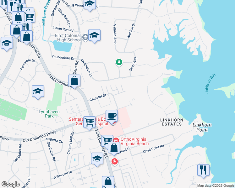 map of restaurants, bars, coffee shops, grocery stores, and more near 1725 Vintage Quay in Virginia Beach