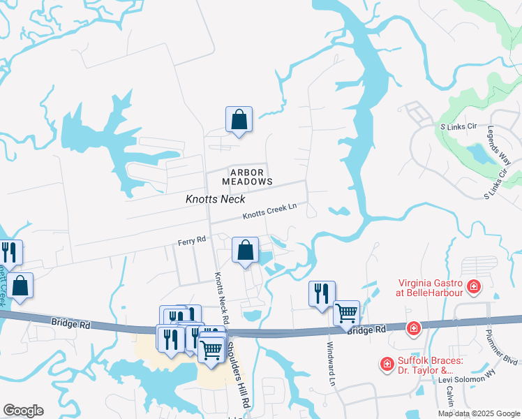 map of restaurants, bars, coffee shops, grocery stores, and more near 3738 Knotts Creek Lane in Suffolk