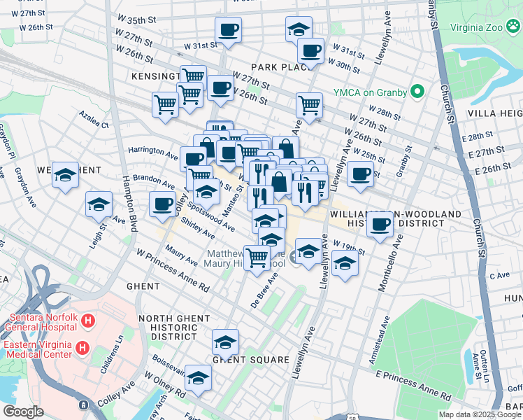 map of restaurants, bars, coffee shops, grocery stores, and more near 517 West 20th Street in Norfolk