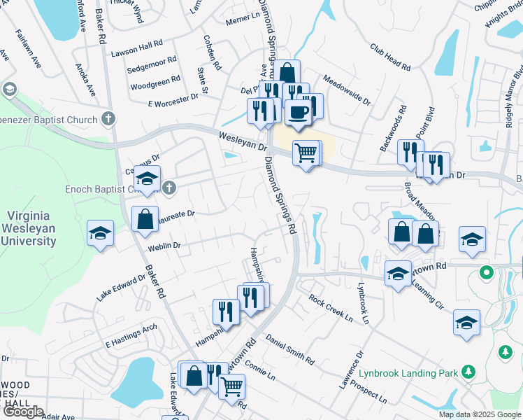 map of restaurants, bars, coffee shops, grocery stores, and more near 5442 Scholarship Drive in Virginia Beach