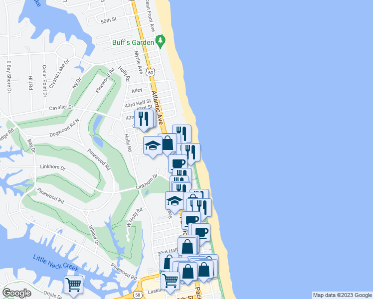 map of restaurants, bars, coffee shops, grocery stores, and more near 4003 Atlantic Avenue in Virginia Beach