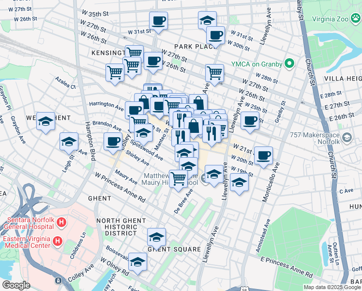 map of restaurants, bars, coffee shops, grocery stores, and more near 519 West 20th Street in Norfolk