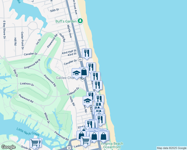 map of restaurants, bars, coffee shops, grocery stores, and more near 4005 Atlantic Avenue in Virginia Beach
