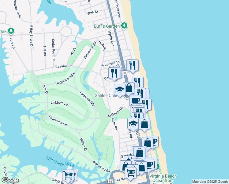 map of restaurants, bars, coffee shops, grocery stores, and more near 3978 Ocean Hills Court in Virginia Beach