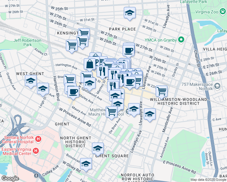 map of restaurants, bars, coffee shops, grocery stores, and more near 519 West 20th Street in Norfolk