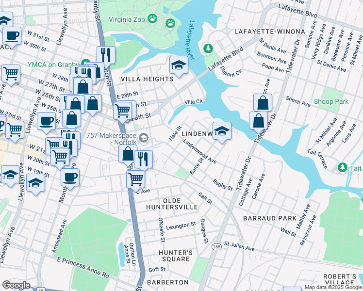 map of restaurants, bars, coffee shops, grocery stores, and more near 2423 West Avenue in Norfolk