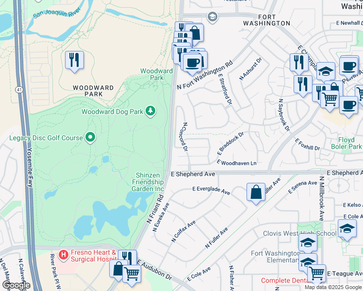 map of restaurants, bars, coffee shops, grocery stores, and more near 298 East Lindbrook Lane in Fresno