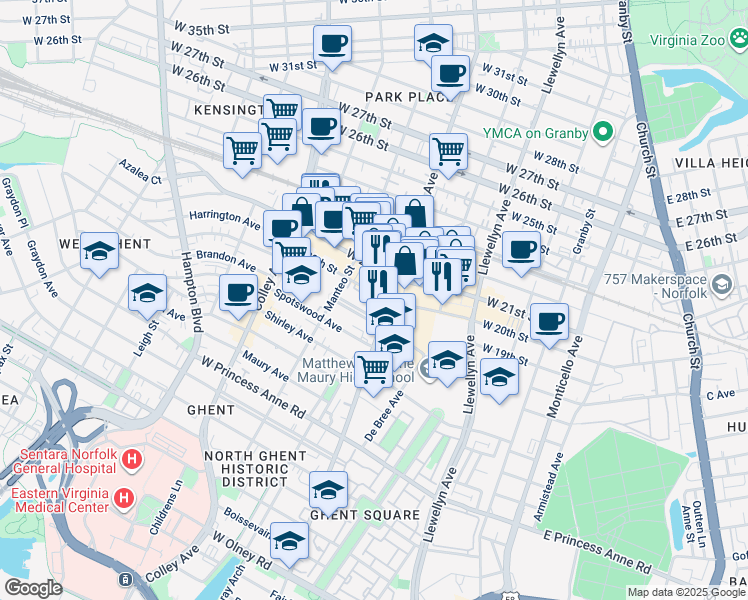 map of restaurants, bars, coffee shops, grocery stores, and more near 511 West 20th Street in Norfolk
