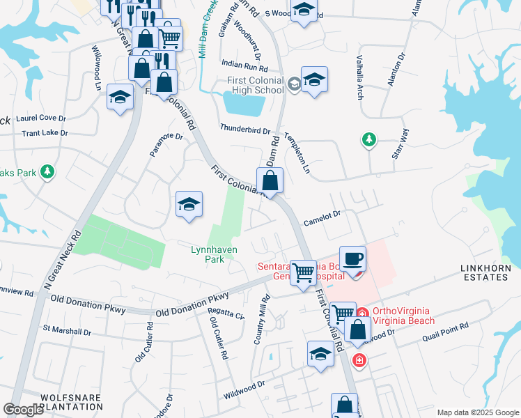 map of restaurants, bars, coffee shops, grocery stores, and more near 1028 Collection Creek Way in Virginia Beach