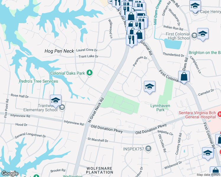 map of restaurants, bars, coffee shops, grocery stores, and more near 2125 Cocoa Circle in Virginia Beach