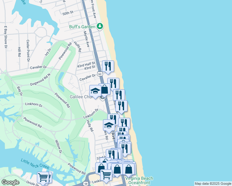 map of restaurants, bars, coffee shops, grocery stores, and more near 4003 Atlantic Avenue in Virginia Beach