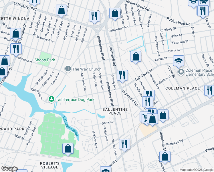 map of restaurants, bars, coffee shops, grocery stores, and more near 2624 Vincent Avenue in Norfolk
