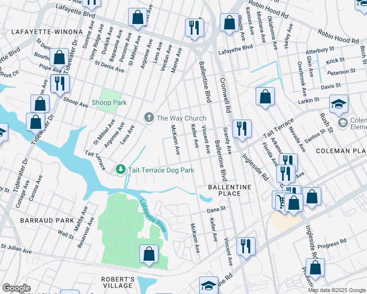 map of restaurants, bars, coffee shops, grocery stores, and more near 2635 McKann Avenue in Norfolk