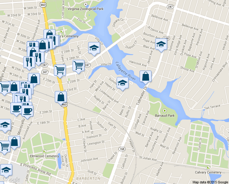 map of restaurants, bars, coffee shops, grocery stores, and more near 920 Hayes Street in Norfolk