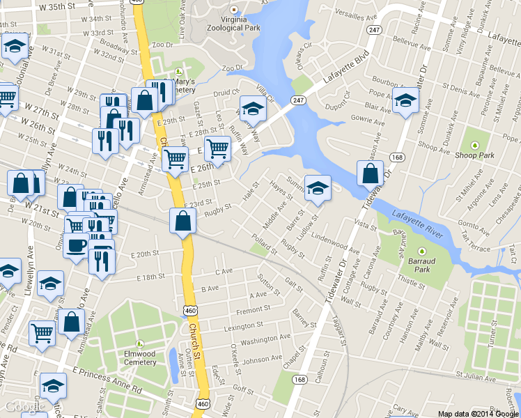 map of restaurants, bars, coffee shops, grocery stores, and more near 2423 West Avenue in Norfolk