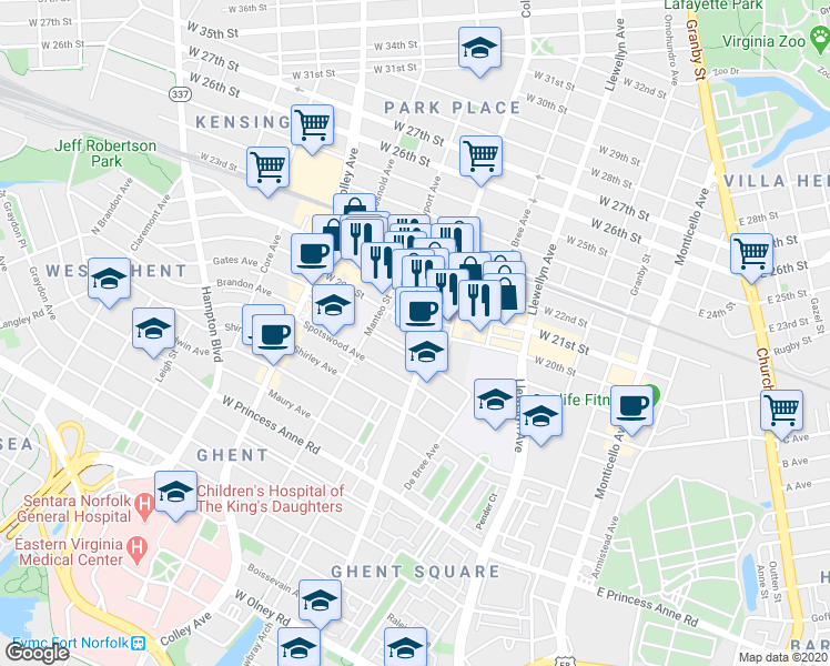 map of restaurants, bars, coffee shops, grocery stores, and more near 517 West 20th Street in Norfolk