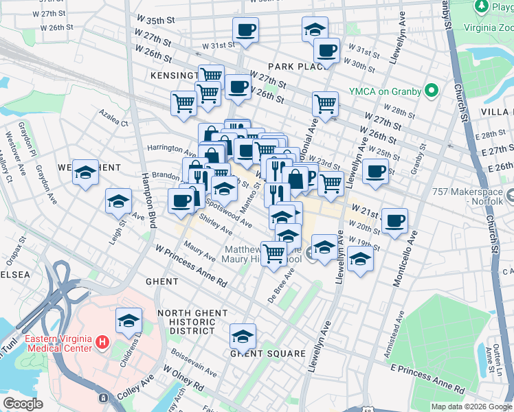 map of restaurants, bars, coffee shops, grocery stores, and more near in Norfolk