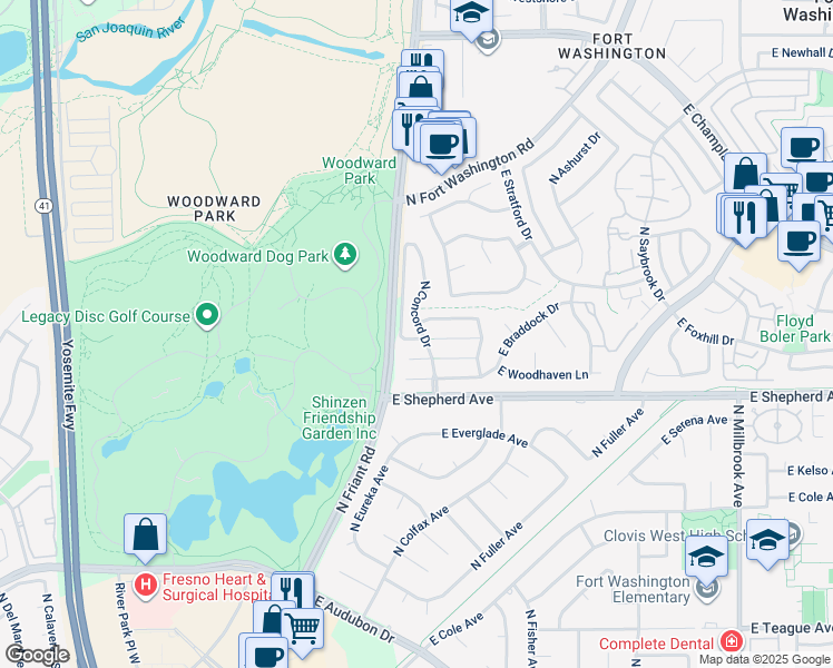 map of restaurants, bars, coffee shops, grocery stores, and more near 298 East Lindbrook Lane in Fresno