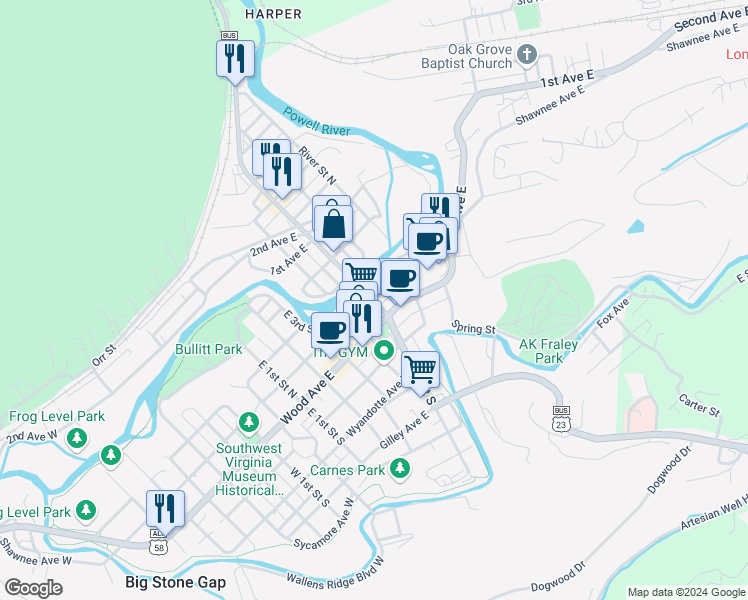 map of restaurants, bars, coffee shops, grocery stores, and more near in Big Stone Gap