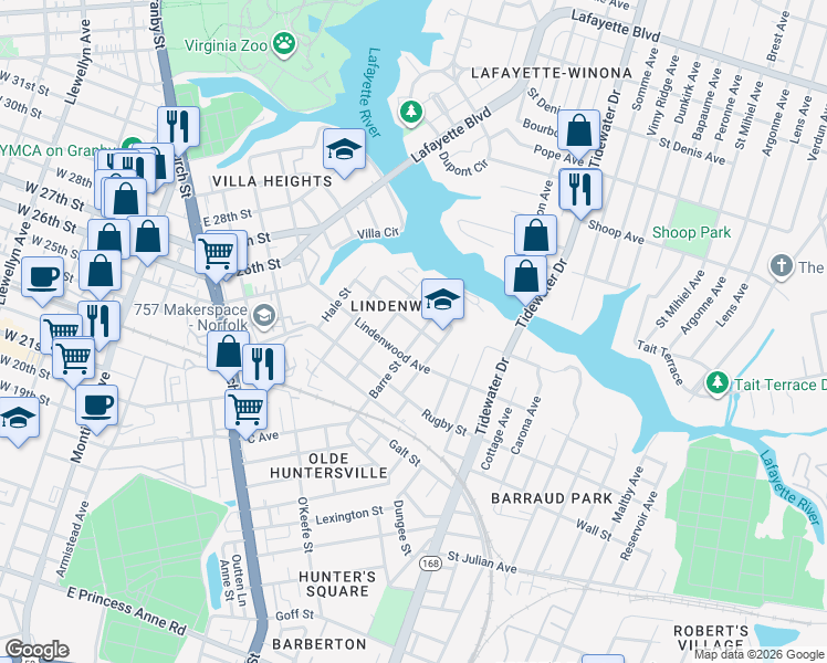 map of restaurants, bars, coffee shops, grocery stores, and more near 920 Hayes Street in Norfolk
