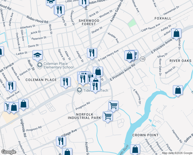 map of restaurants, bars, coffee shops, grocery stores, and more near 1530 Juniper Street in Norfolk