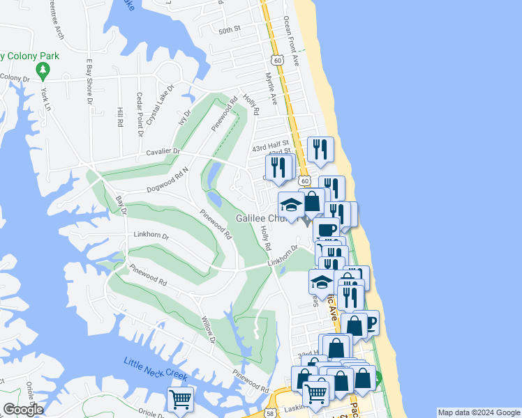 map of restaurants, bars, coffee shops, grocery stores, and more near 397 Dorsey Lane in Virginia Beach