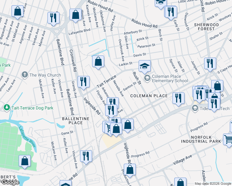 map of restaurants, bars, coffee shops, grocery stores, and more near 2501 Nevada Avenue in Norfolk