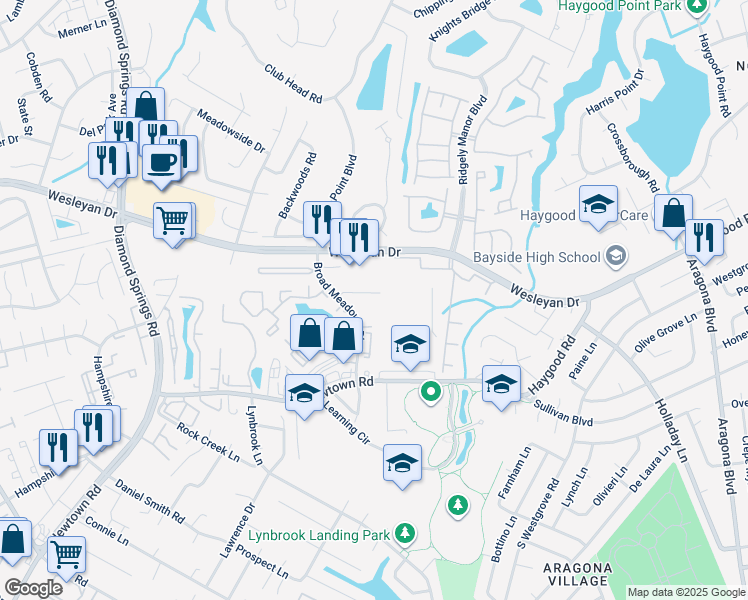map of restaurants, bars, coffee shops, grocery stores, and more near 816 Broad Meadows Court in Virginia Beach