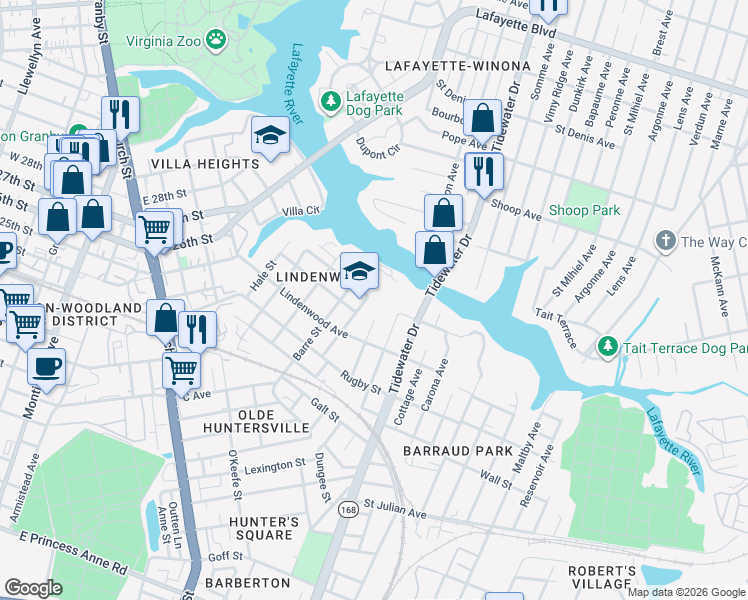 map of restaurants, bars, coffee shops, grocery stores, and more near 2618 Ludlow Street in Norfolk