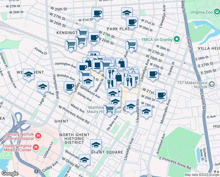 map of restaurants, bars, coffee shops, grocery stores, and more near 527 West 20th Street in Norfolk