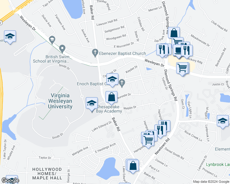 map of restaurants, bars, coffee shops, grocery stores, and more near 5677 Herbert Moore Road in Virginia Beach