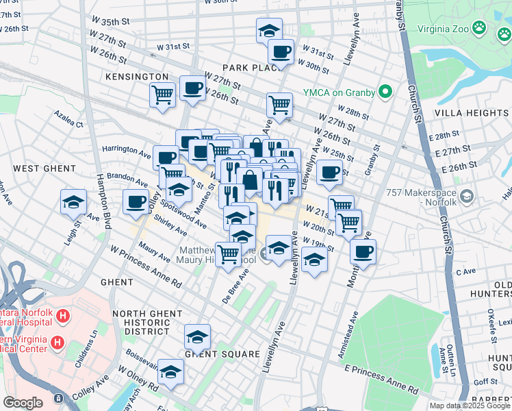 map of restaurants, bars, coffee shops, grocery stores, and more near 2000 Colonial Avenue in Norfolk