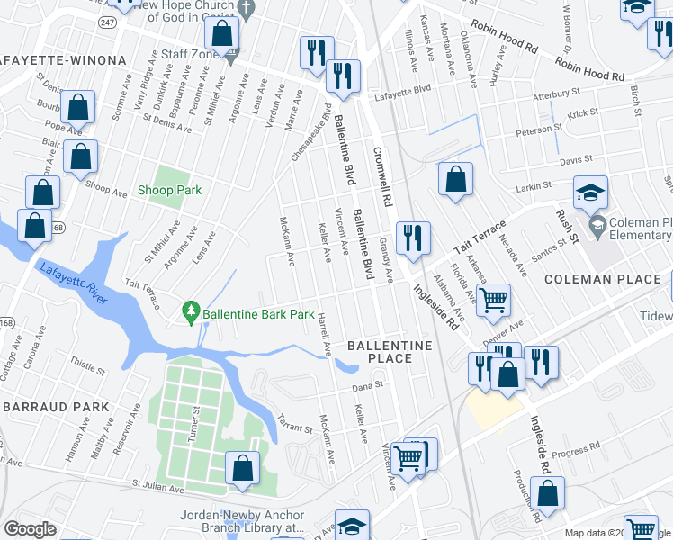 map of restaurants, bars, coffee shops, grocery stores, and more near 2622 Keller Avenue in Norfolk