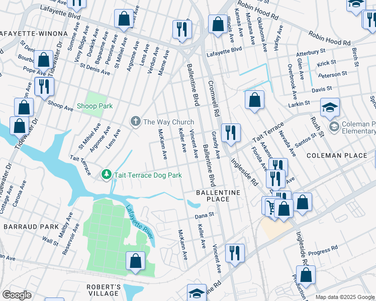 map of restaurants, bars, coffee shops, grocery stores, and more near 2622 Keller Avenue in Norfolk