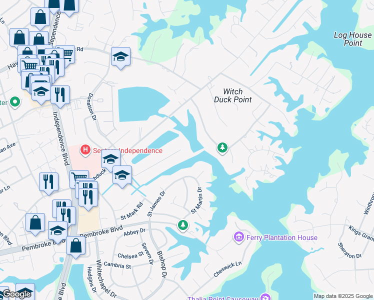 map of restaurants, bars, coffee shops, grocery stores, and more near 4301 Alfriends Trail in Virginia Beach