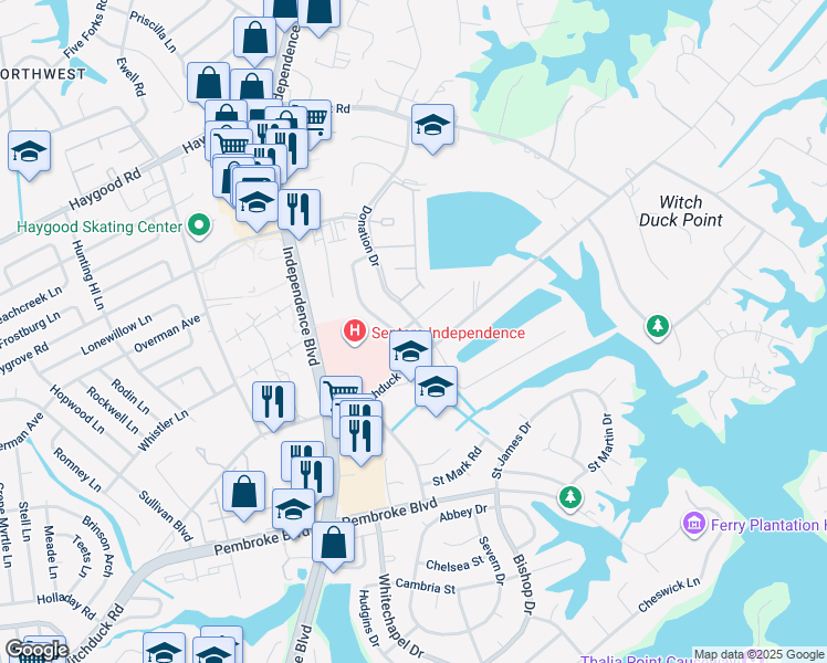 map of restaurants, bars, coffee shops, grocery stores, and more near 4425 Monmouth Castle Road in Virginia Beach