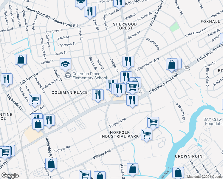 map of restaurants, bars, coffee shops, grocery stores, and more near 1551 Alder Street in Norfolk