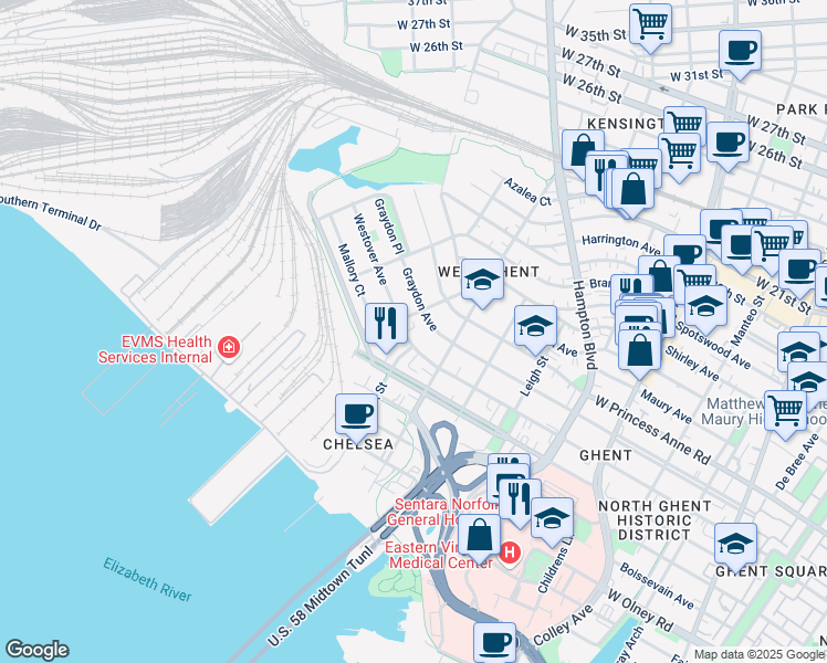 map of restaurants, bars, coffee shops, grocery stores, and more near 1247 Westover Avenue in Norfolk