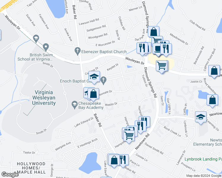 map of restaurants, bars, coffee shops, grocery stores, and more near 805 Tuition Court in Virginia Beach