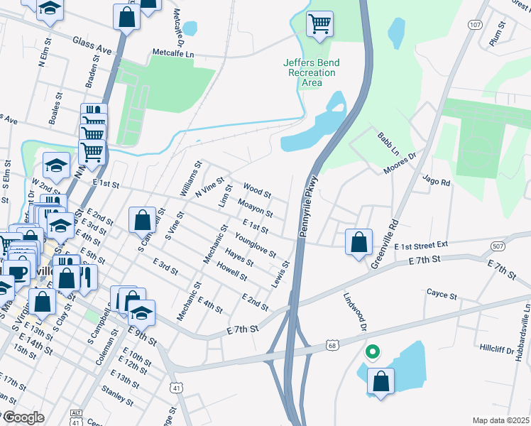 map of restaurants, bars, coffee shops, grocery stores, and more near Sycamore Street in Hopkinsville