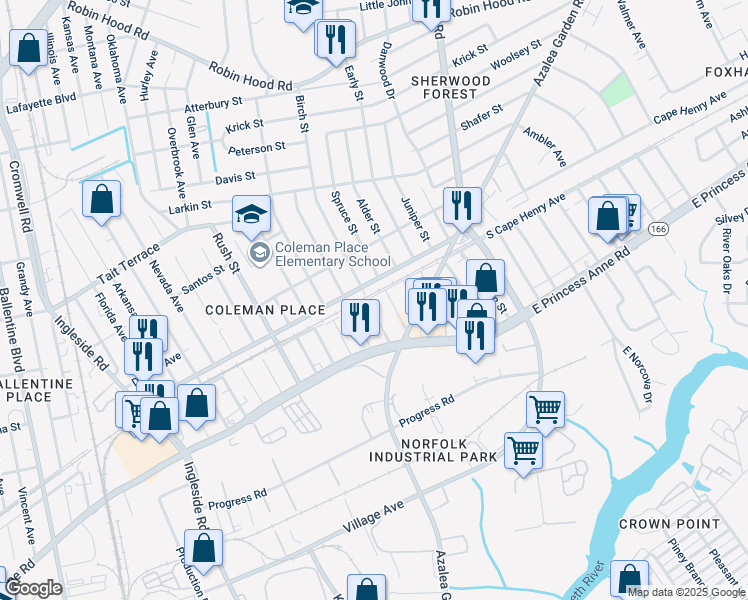map of restaurants, bars, coffee shops, grocery stores, and more near 1556 Birch Street in Norfolk