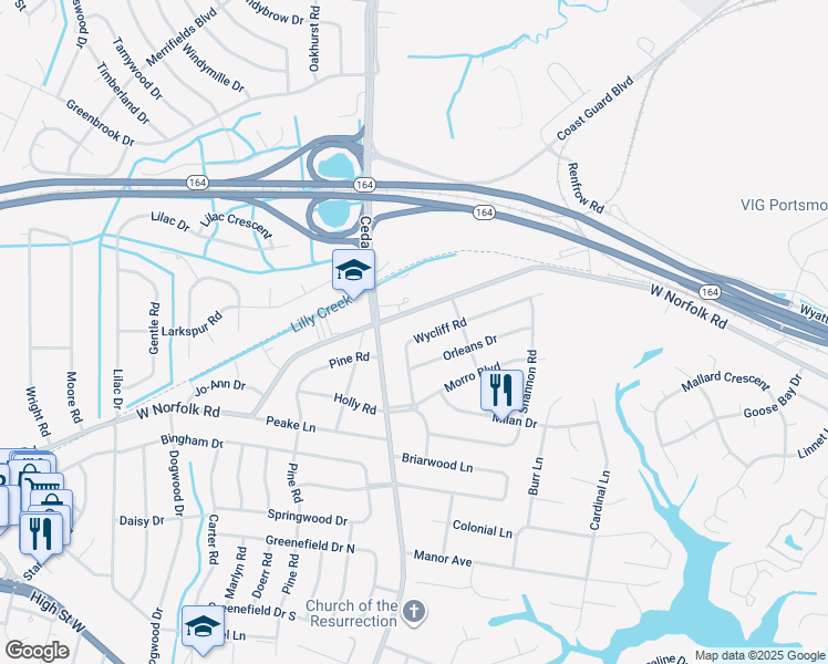 map of restaurants, bars, coffee shops, grocery stores, and more near 4912 Wycliff Road in Portsmouth