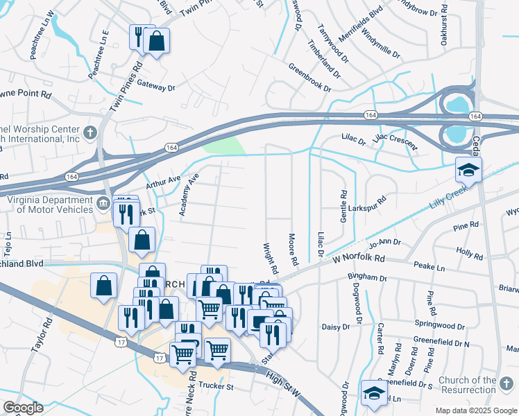 map of restaurants, bars, coffee shops, grocery stores, and more near 3608 Wright Road in Portsmouth