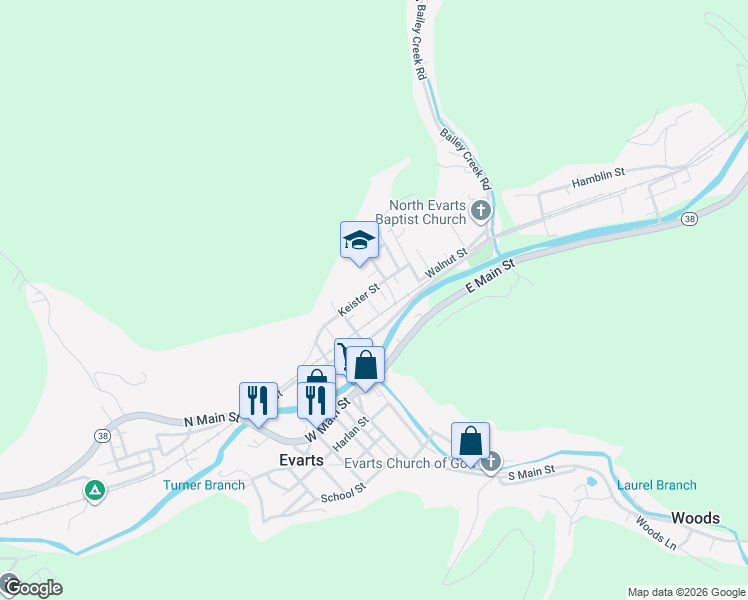 map of restaurants, bars, coffee shops, grocery stores, and more near 139 Keister Street in Evarts