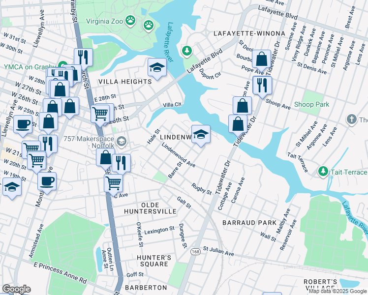 map of restaurants, bars, coffee shops, grocery stores, and more near 913 Hayes Street in Norfolk